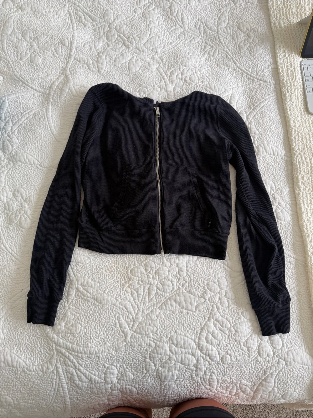 Aritzia Black Zip-Front Waffle-Knit Sweatshirt